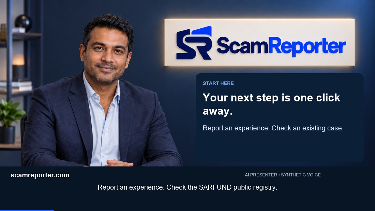 ScamReporter explainer with an AI presenter and the official logo